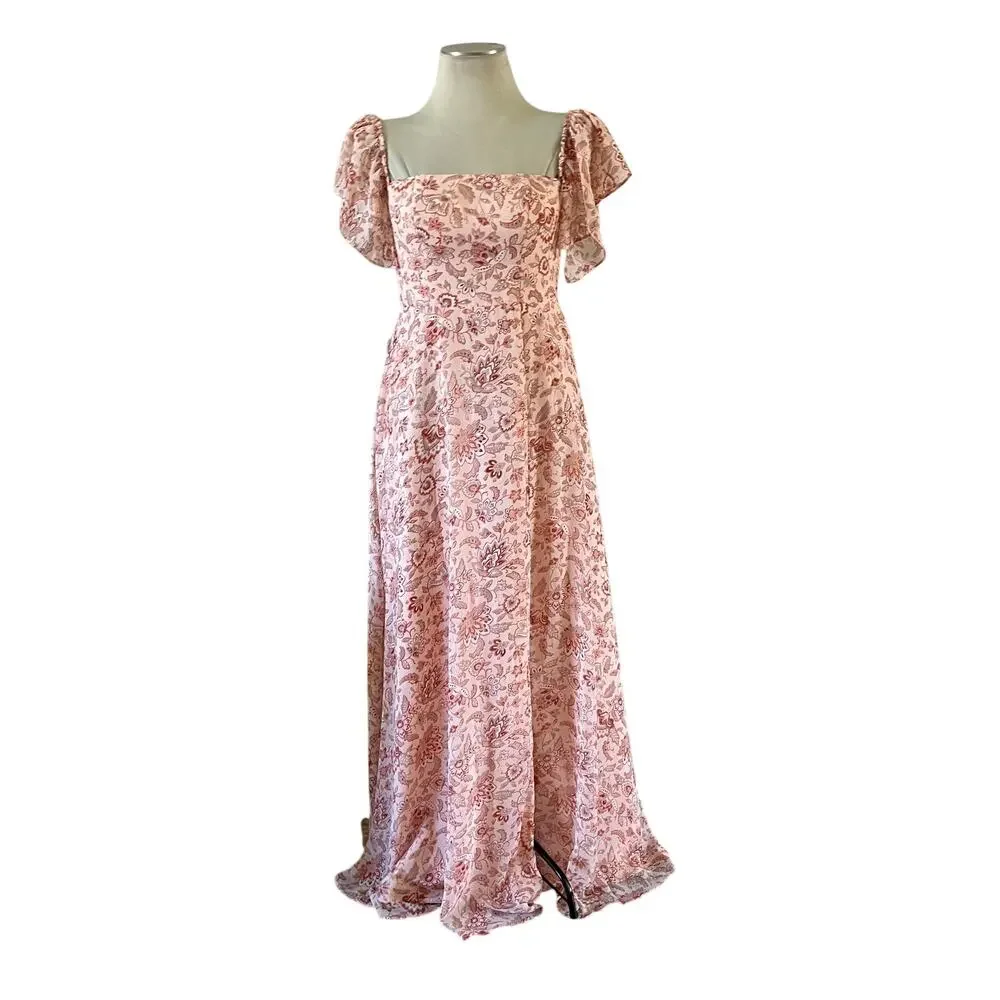 NWT Pink Floral Print Puff Sleeve Cottage Core Bridesmaid Wedding Guest Dress 6 - Picture 1 of 9
